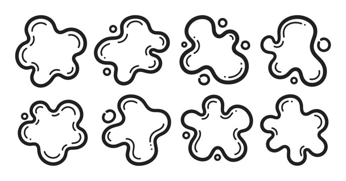 Collection of black and white liquid splash shapes in a hand drawn doodle style. Abstract amoeba or slime forms for modern graphic design and comic book elements