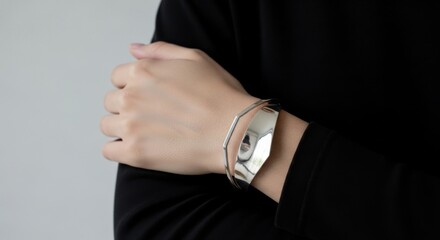 hands wearing minimalist silver cuff bracelets ,Close-Up Modern Jewelry Photography Against Light Background 