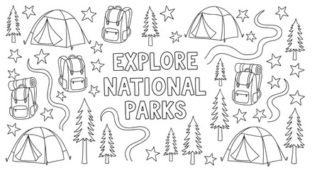 Fototapeta premium Explore national parks coloring page with camping and hiking elements. A doodle pattern of tents, backpacks, and trees for an outdoor adventure activity for children