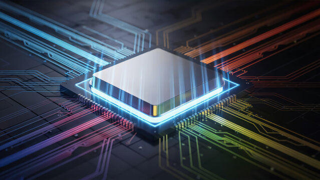 Modern microchip with vibrant circuit paths for innovative technology and digital solutions development and high performance computing