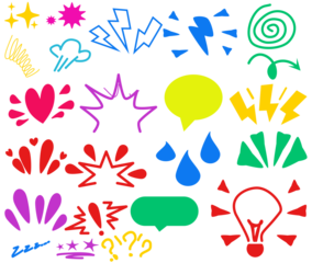 white background Spiral, tears and stars. Vector set. Comic doodle expression. Cartoon manga effect, speech bubble, lightning arrow, love and shock, lightbulb idea, angry set of light bulb idea. 
