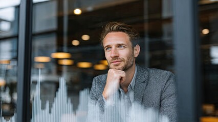A man in a gray suit gazes thoughtfully out a window, chin resting on his hand. Warm indoor lights and a bar graph reflection add a contemplative mood generative ai
