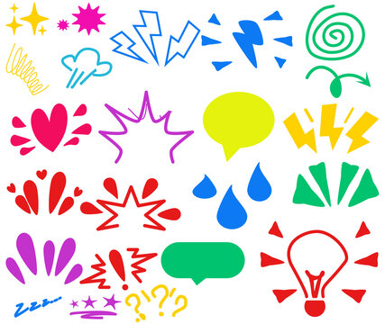 white background Spiral, tears and stars. Vector set. Comic doodle expression. Cartoon manga effect, speech bubble, lightning arrow, love and shock, lightbulb idea, angry set of light bulb idea. 