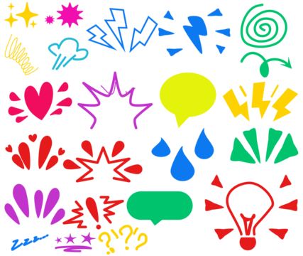white background Spiral, tears and stars. Vector set. Comic doodle expression. Cartoon manga effect, speech bubble, lightning arrow, love and shock, lightbulb idea, angry set of light bulb idea. 
