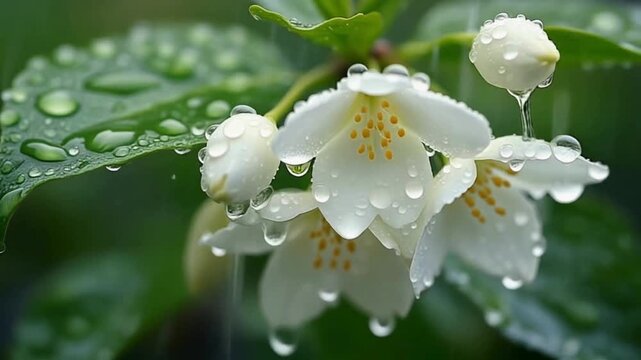 Jasmine Flowers with Water Droplets After Rain Macro 4K Nature