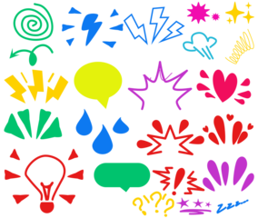 white background Spiral, tears and stars. Vector set. Comic doodle expression. Cartoon manga effect, speech bubble, lightning arrow, love and shock, lightbulb idea, hand drawn light bulb idea concept