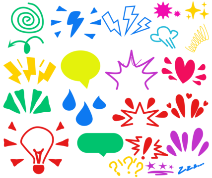 white background Spiral, tears and stars. Vector set. Comic doodle expression. Cartoon manga effect, speech bubble, lightning arrow, love and shock, lightbulb idea, hand drawn light bulb idea concept