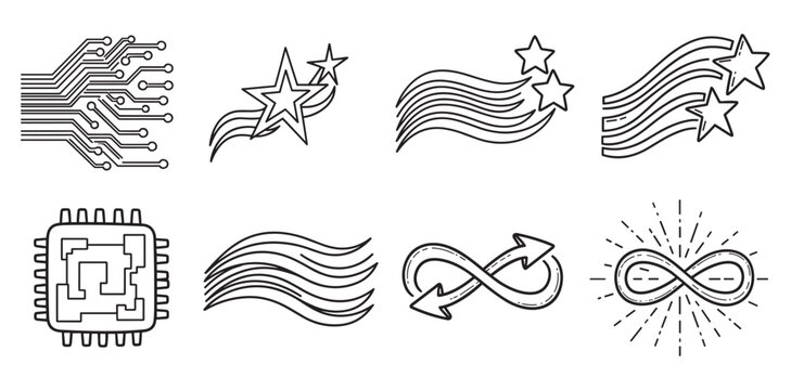 Collection of linear icons representing technology and abstract ideas. Set includes circuit board, shooting star, and infinity symbols for modern business branding and logos