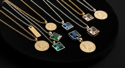 Gold and Silver Necklaces with Gemstone Pendants Displayed on Black Velvet, Luxury Jewelry Flat Lay