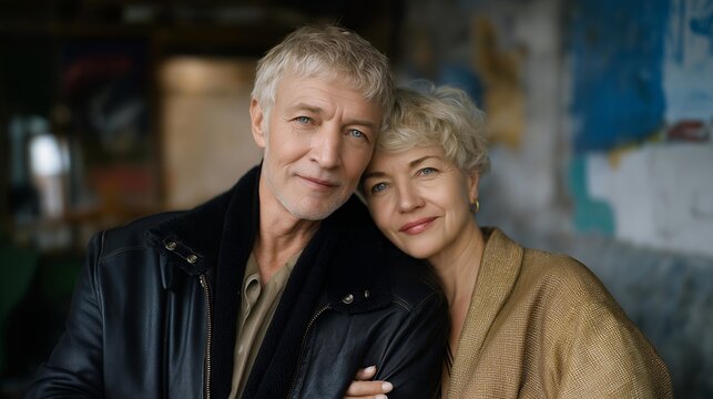 Close-up capturing intimacy and mural detail — representing passionate partnership, bold aging confidence, and storytelling imagery celebrating senior romance. cinematic color correction, natural