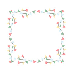 Frame from garland of paper flags on string watercolor illustration. Hand drawn isolated colorful festive pennants hanging. Greeting card, winter holiday template with copy space for packaging, print.