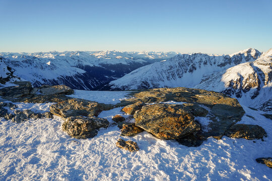 Schontaufspitze summit in winter condition with snow and panoramic view of Alps, Sulden, Italy
