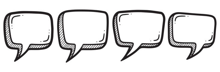 Naklejka premium A set of four hand drawn speech bubbles in a black and white doodle style. Blank comic book text balloons for communication concepts or placing quotes and dialogue