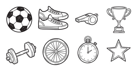 Hand drawn collection of sports and fitness equipment icons. Doodle style set with a soccer ball, trophy, dumbbell, whistle, and stopwatch for athletic or competition themes
