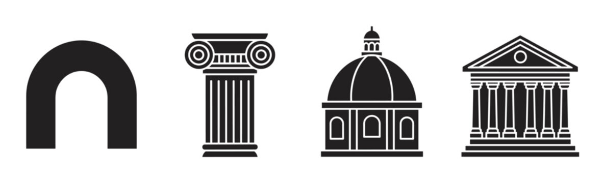 Set of classical architecture icons featuring an arch column dome and temple building. Minimalist black glyph symbols for history law government or educational concepts