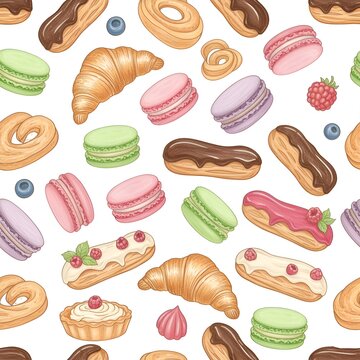 Sweet Seamless Pattern of Hand-Drawn French Pastries: Croissants, Macarons, and Eclairs