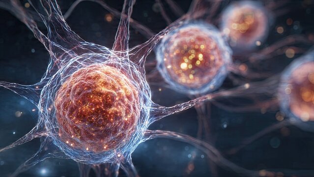 Close-up of neural cells with glowing, interconnected structures on a dark background, conveying a sense of complexity and interconnectivity generative ai