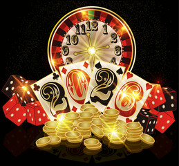 New 2026 year casino poker cards and roulette background, vector illustration