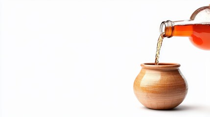 Traditional herbal medicine being prepared with herbal tincture poured from a glass bottle into a small wooden bowl on a white background
