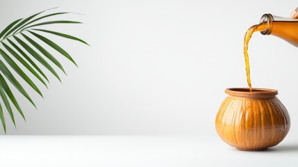 Hand pou warm amber tea from a small wooden teapot into a matching cup on a minimalist white background with green palm leaves for calming relaxation