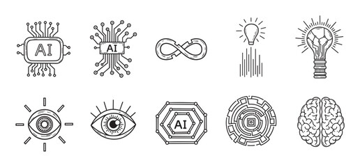 Artificial intelligence icon set with technology symbols for machine learning. Minimal line art collection includes brain, microchip, eye, and lightbulb elements