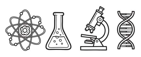 Science icon set in a hand drawn doodle style. Collection of research symbols including an atom, flask, microscope, and dna helix. Minimal black and white outline elements