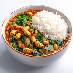 Delicious vegetable curry with chickpeas spinach and herbs served with fluffy white rice in a white bowl on white background
