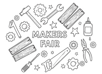 Makers fair concept with a collection of hand drawn workshop tools. Black and white doodle set for diy projects, crafting events, and woodworking or engineering activities