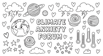 Climate anxiety forum doodle set with sad planet earth and global warming icons. Hand drawn outline collection of environmental symbols for mental health and eco awareness