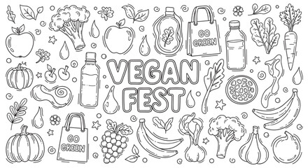 Vegan fest doodle set with healthy food and eco friendly items. Hand drawn collection of fruits, vegetables, and go green elements for a plant based lifestyle concept