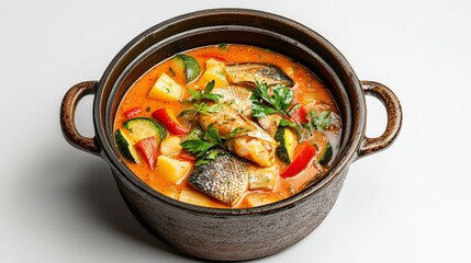 Delicious fish and vegetable stew in a black cast iron pot with vibrant ingredients including zucchini carrots and herbs, served as a hearty and flavorful meal