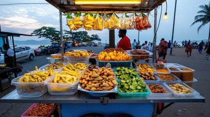 Colorful fruit and snack street vendor stall at sunset near beach with customers and palm trees, outdoor market scene in tropical destination, vibrant setup
