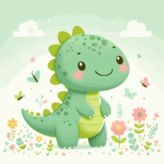 Cute green dinosaur cartoon illustration