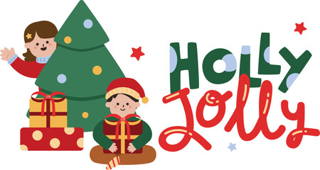 Boy and Girl Celebrating Christmas Holly Jolly Cute Illustration
