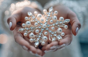 Elegant hands holding a golden snowflake brooch with pearls and crystals