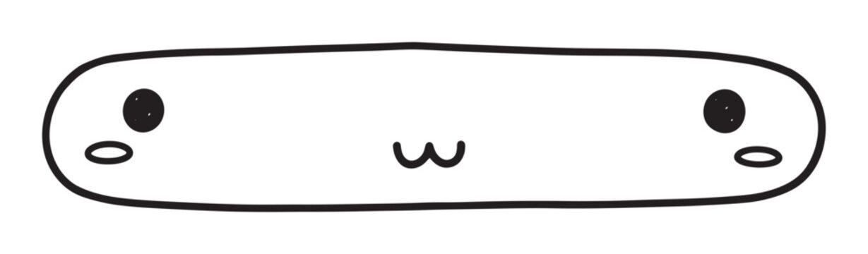 A cute hand drawn kaomoji face with a happy expression inside a long capsule shape. Minimalist black and white line art character for web banners, buttons or stickers