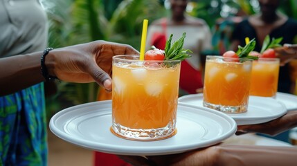Refreshing tropical cocktails served on a white plate with ice and garnished with fruit and mint, in an outdoor setting with people enjoying a sunny day