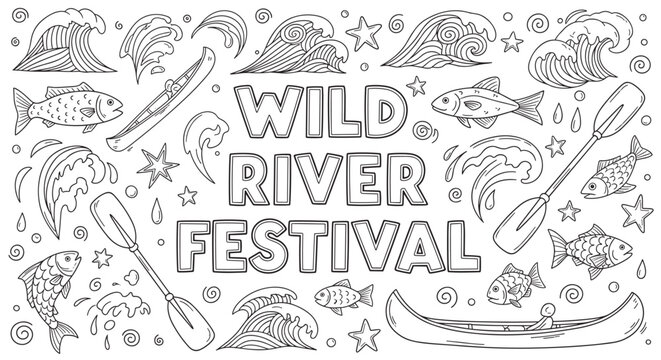 Doodle art collection for a wild river festival concept. Hand drawn set with canoe, kayak, fish, waves and paddles. Black and white outline design for coloring or event posters