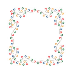 Frame from garland of lights on a string. Hand drawn watercolor illustration isolated. Glowing bulbs hanging on a wire. Christmas winter holiday clipart. Festive template for card, textile, wrapping.