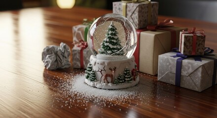 Christmas snow globe with Christmas tree and reindeer with gifts on table