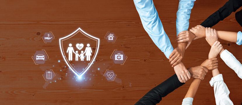 Concept of comprehensive insurance coverage and financial planning. A policy that provides life, health, and asset protection for a family's security and risk management. Fermion