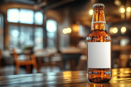 Cbd drinks Thc soda Sober bar Offline Advertising No code backend Dealcoholized wine Provi Dry Drinker co-living ZBiotics Bottle of beer with blank white label placed on the right side table. Blurred