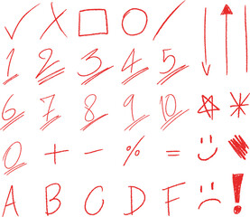 A set of school teacher test symbols and alphabets hand-drawn in red color. There are also grading elements for exam. Vector