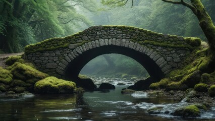Mossy Stone Bridge Over Tranquil Stream in Lush Forest.