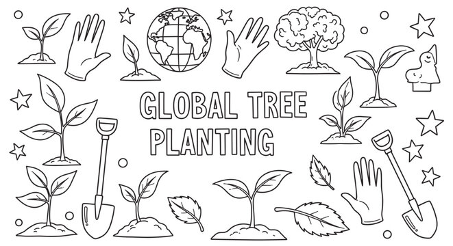 Global tree planting doodle set for environmental awareness. Hand drawn collection of ecology icons like seedlings, earth globe and shovel for conservation projects