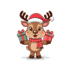 Cute Christmas Reindeer with Santa Hat and Gifts Cartoon Illustration