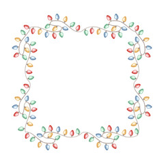 Frame from garland of lights on a string. Hand drawn watercolor illustration isolated. Glowing bulbs hanging on a wire. Christmas winter holiday clipart. Festive template for card, textile, wrapping.