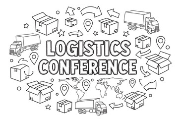 Logistics conference concept with doodle style icons for a global shipping event. Supply chain management and transportation elements like trucks, boxes, and a world map