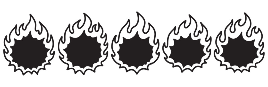 Set of five fire flame icons for a rating system. Hotness scale or spicy food level indicator for customer feedback, product review, and user interface design element
