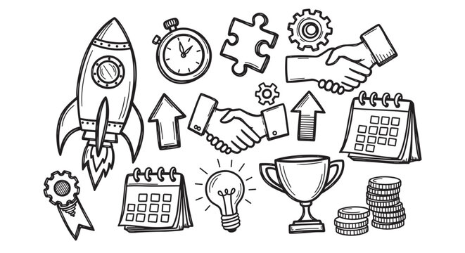 Hand drawn business startup icon set for marketing and development. Doodle collection of success symbols like rocket launch, handshake and trophy for finance and innovation concepts
